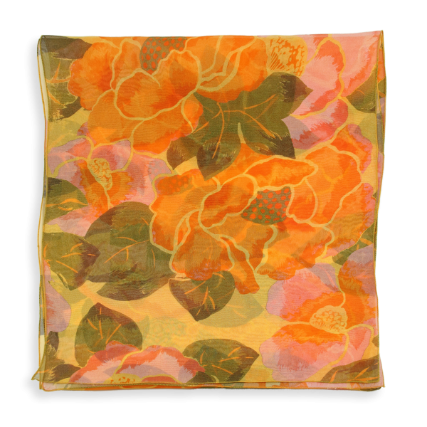 Foulard-soie-femme-imprimé-orange-Pivoine