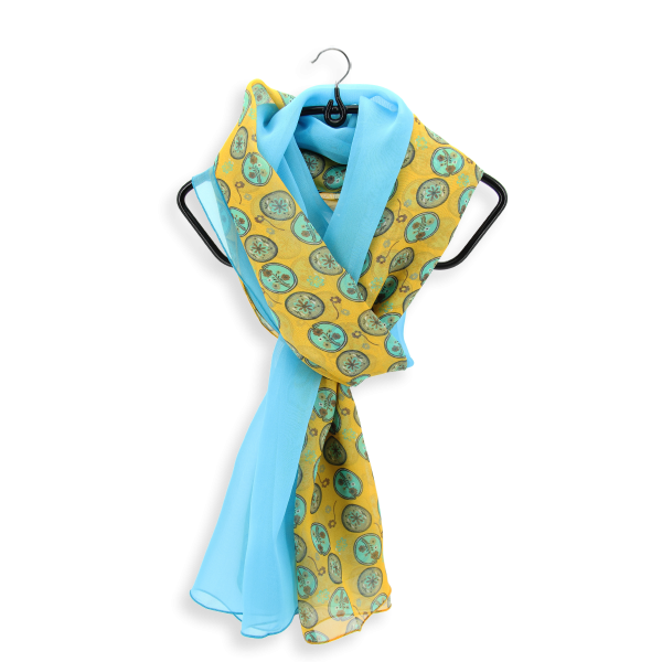 duo-de-soie-femme-echarpe-imprimé-fleur-medaillon-jaune-foulard-bleu-turquoise