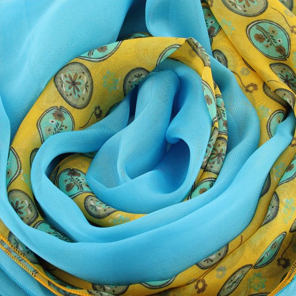 duo-de-soie-femme-echarpe-imprimé-fleur-medaillon-jaune-foulard-bleu-turquoise