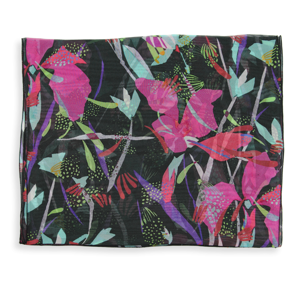 Foulard-femme-soie-vert foncé-rose fuchsia-imprimée-fleurs-Iris